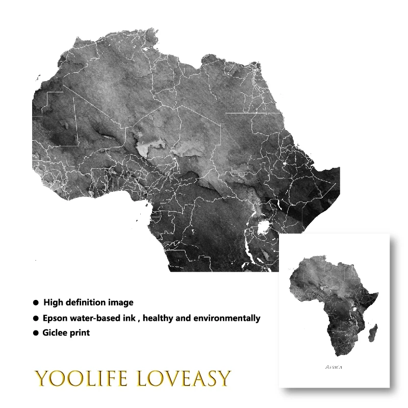 Africa Map Posters and Prints Watercolor Map Travel Wall Art Canvas Painting Grey Black White Picture for Living Room Home Decor