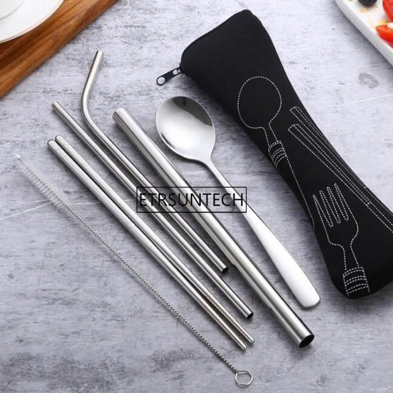 50sets Portable Flatware Set Reusable Stainless Steel Spoon, Chopsticks, Juice Straw and Cleaning Brush