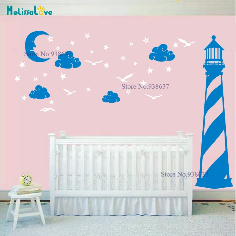 Lighthouse Seagull Moon And Cloud Star Nursery Kid's Room Decal Great Vinyl Wall Sticker Child's room Decoration BA077