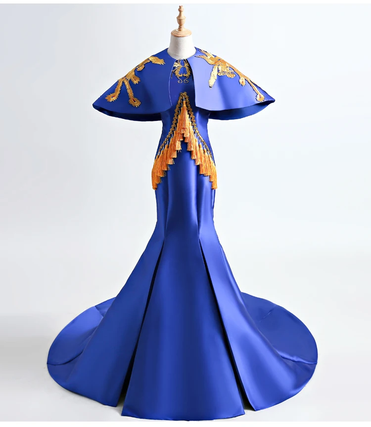 100%real masquerade royal blue peacock embroidery pattern traditional cosplay court drama long dress stage/stuido Gown queen