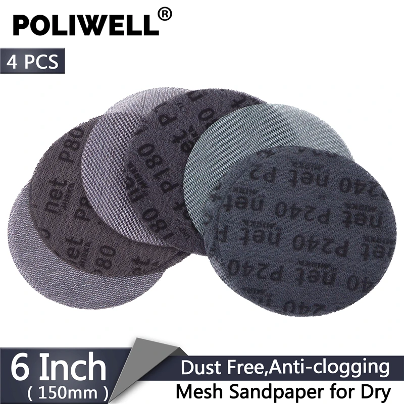 POLIWELL 4PCS 6 Inch 150mm Auto Mesh Sandpaper Sanding Discs Round Dry Sanding Paper Anti-clogging Abrasives Grit 80 180 240