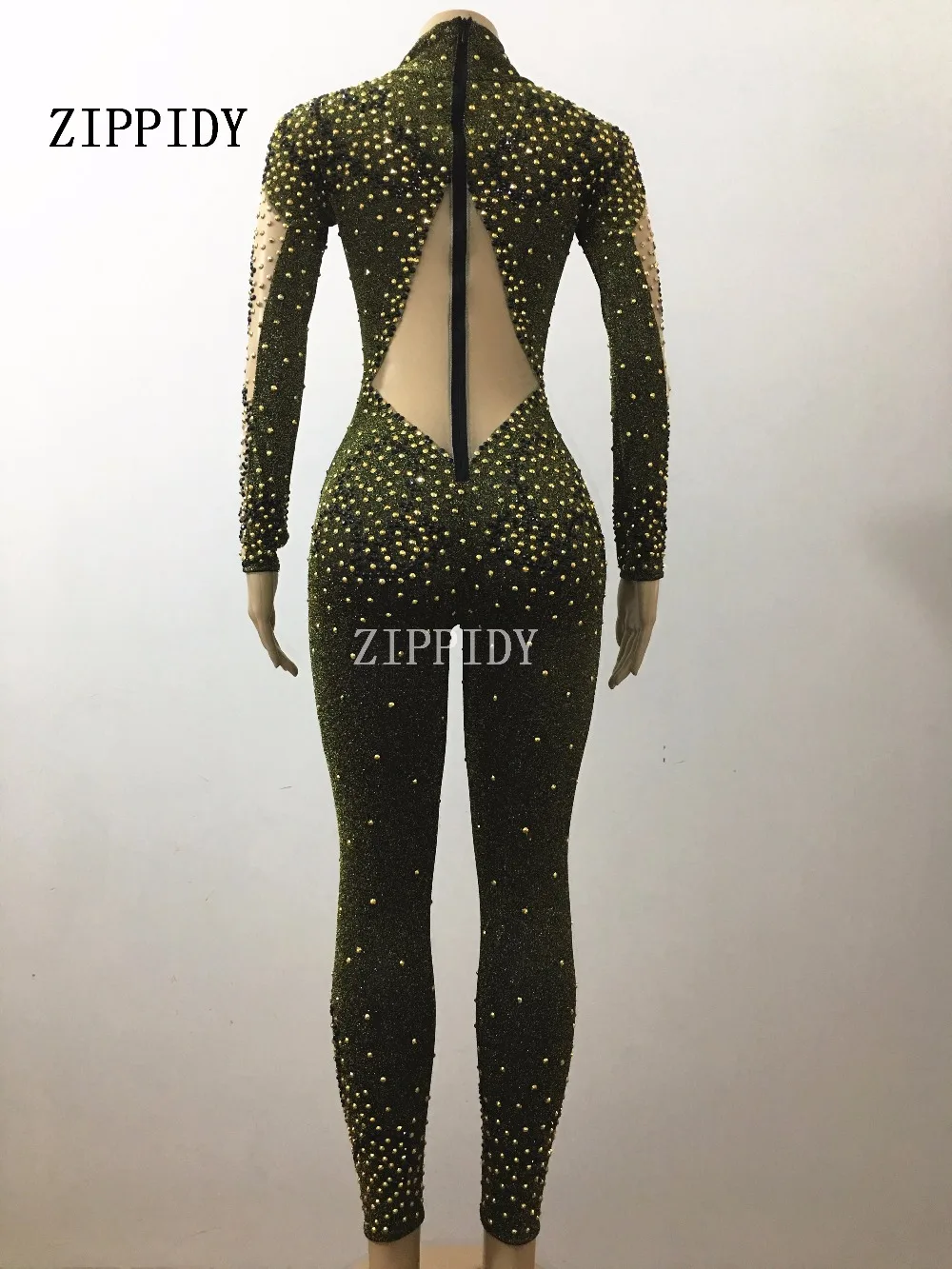 Black Gold Stones Stretch Jumpsuit Bling Rhinestones Sexy Rompers Costume Women\'s Evening Party Wear Birthday Celebrate Outfit