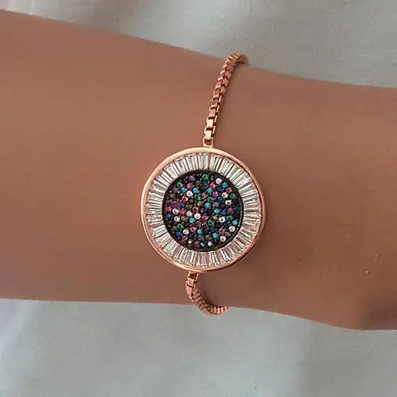 rose gold filled slider adjust chain pave multi color rainbow CZ stone round shape fashion elegant girl women nice bracelet