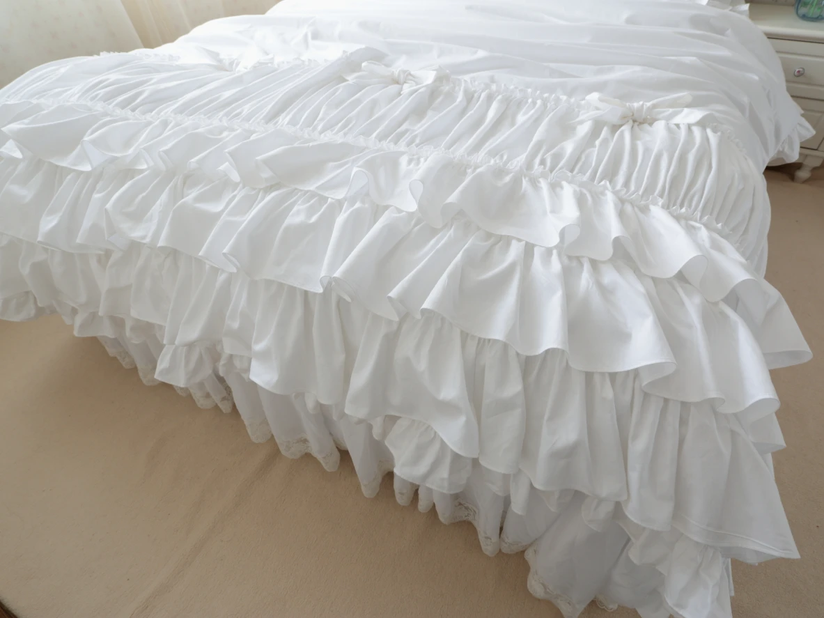 Pure Cotton White Princess Wedding Luxury Beding 4pcs Sets Queen King Size Ruffle Duvet Cover Bedsheets Pillowcase Quilt Covers