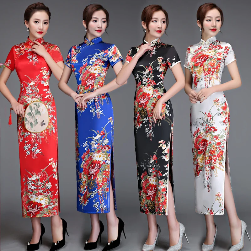 Old Shanghai Elegant Women Satin Qipao Slim 3/4 Sleeve Long Dress New Traditional Chinese Mandarin Collar Cheongsam Vestidos