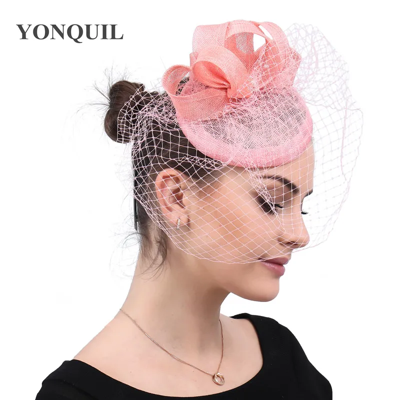 Pink Sinamay Hair Veils Hats Party Women Ladies Fascinators Hair Clips Wedding Headwear Elegant Bridal Mesh Headdress SYF510