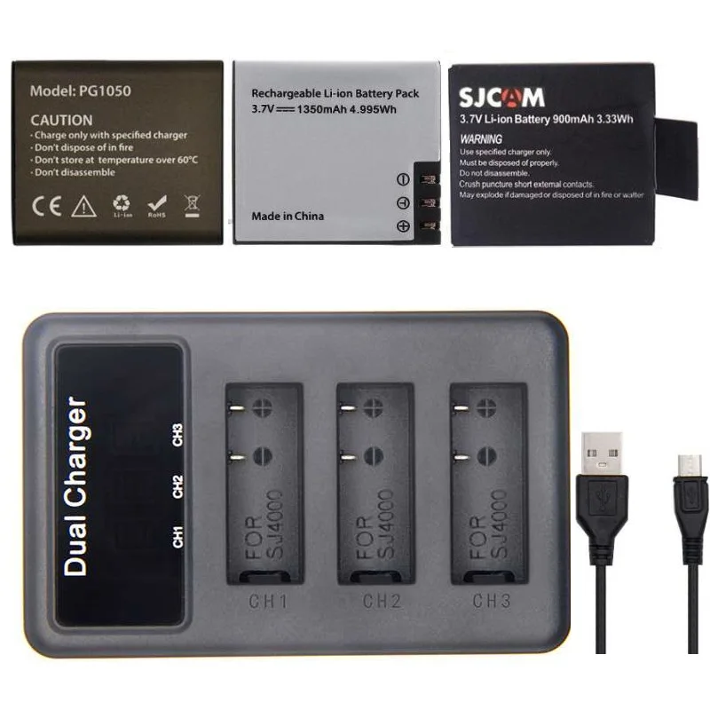 Original Battery Charger LCD 3 Slots for SJCAM Sj4000 Air Sj5000X M10 C30R EKEN H9R H5S H7S Action Camera Accessories