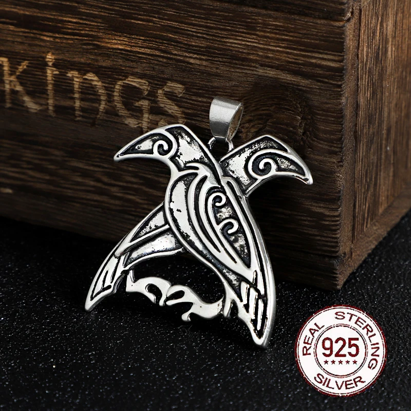 S925 sterling silver Norse Double Raven necklace with cow leather chain and keel chain and wood box as gift