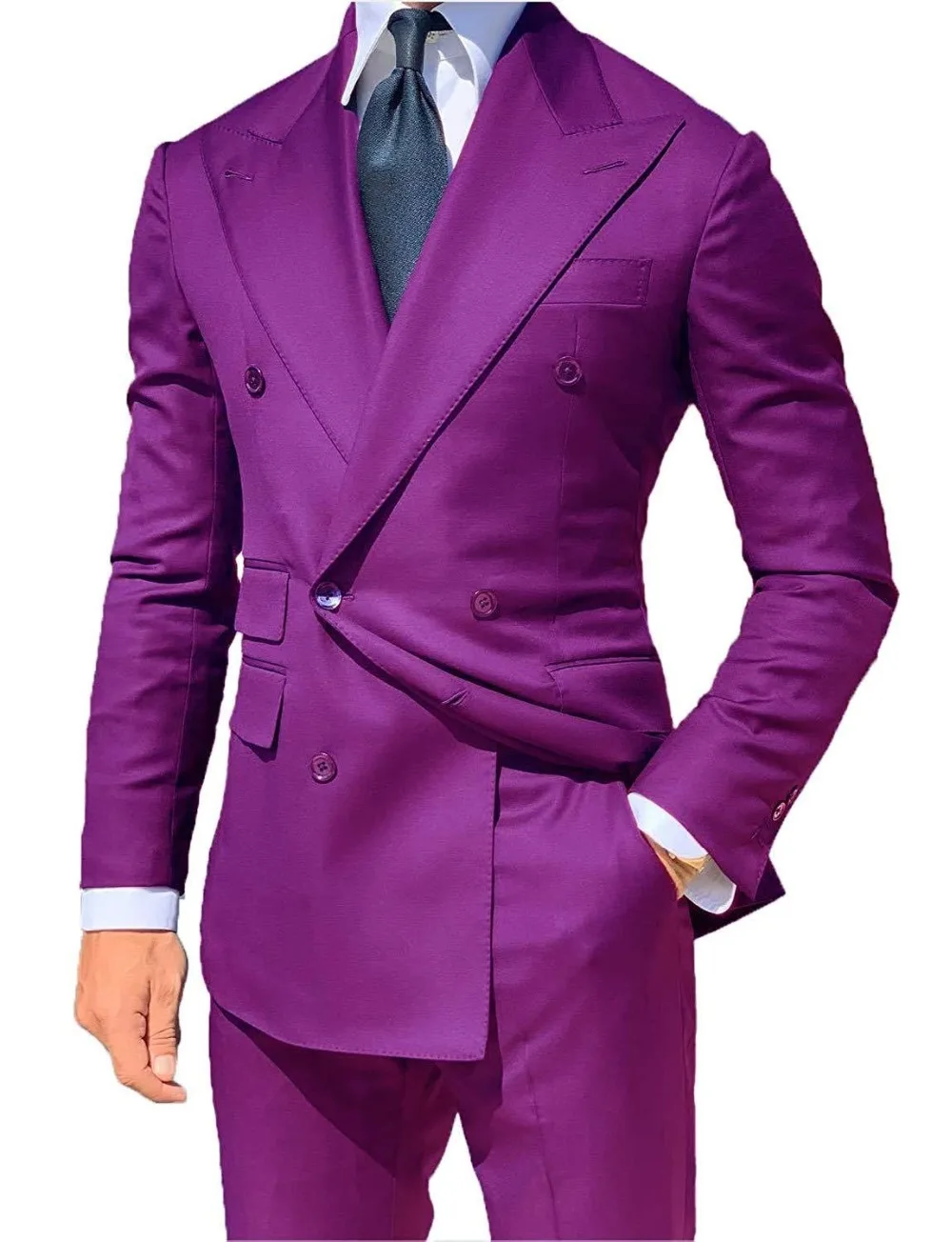 

Classic Style Double Breasted Fuchsia Groom Tuxedos Peak Lapel Groomsmen Men Blazers Suits (Jacket+Pants+Tie) NO:491