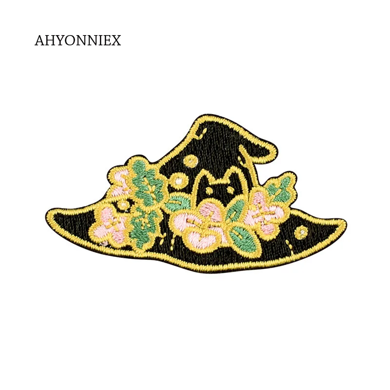 AHYONNIEX Embroidery Witch Magic Skull Cup Black Cat Patches For DIY Clothing Iron on Patch with Hot Melt Adhesive on The Back