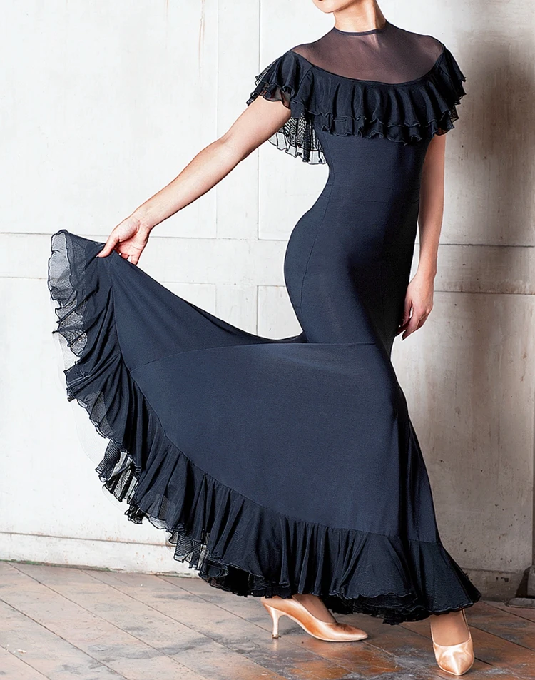 

Ballroom dance modern dance ruffled lotus collar sleeveless ruffled lotus dress hem bif flare dress hem practice dress W17003