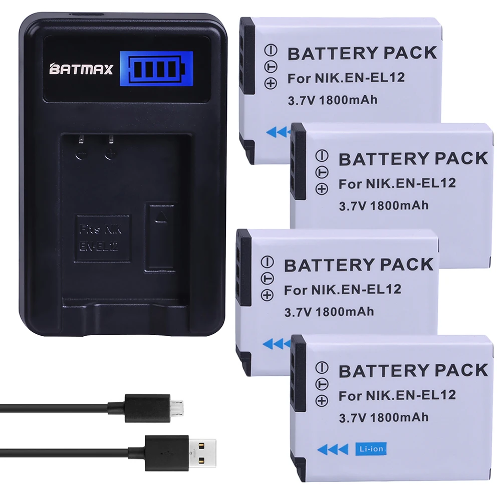 

Batmax 4pcs EN EL12 EN-EL12 Camera Battery+LCD USB Charger for Nikon Coolpix S9700 S9500 S9400 S9300 S9100 S8200 S8100