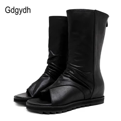 Gdgydh Zipper Design Black Women Shoes Wedges 2022 New Spring Autumn Open Toe Leather Mid-Calf Boots For Women Promotion Sale