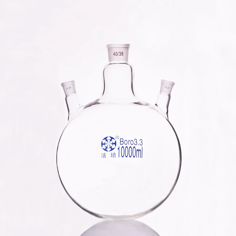 

Three-necked flask oblique shape,with three necks standard ground mouth,Capacity10000ml,Middle joint 40/38,lateral joint 24/29