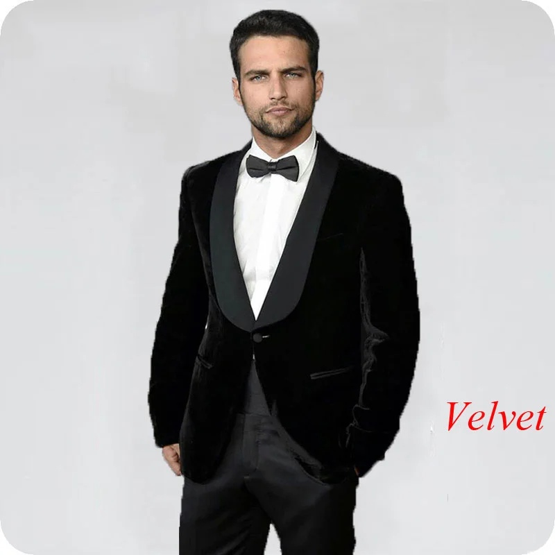 

Latest Coat Pant Designs Smoking Jacket Black Velvet Wedding Suits for Men Shawl Lapel 2Piece Slim Fit Groom Tuxedo Male Blazer