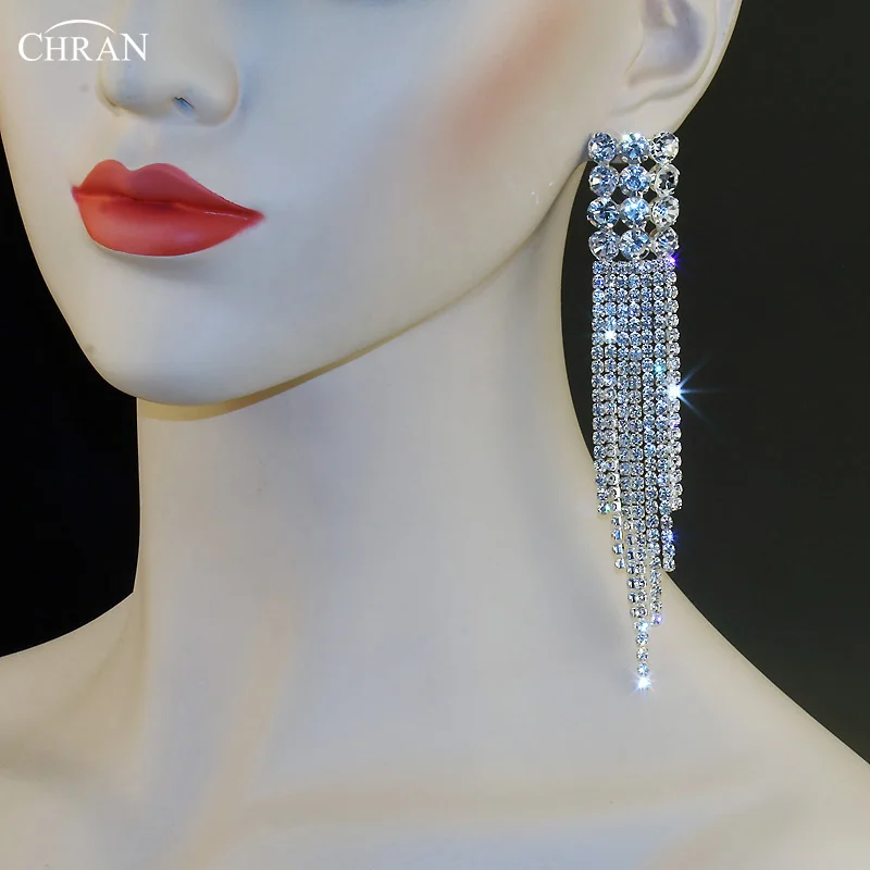 CHRAN Silver Plated Exaggerated Rhinestone Crystal Alloy Drop Dangle Long Tassels Earrings Luxury Jewelry Accessories for Women
