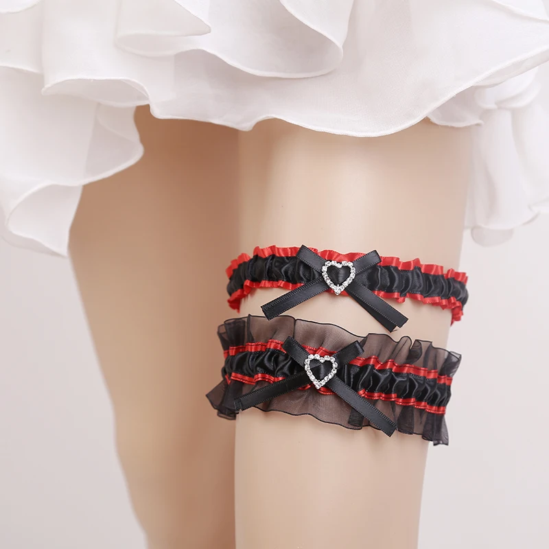 2Pcs/set Black/red Bride Garters heart Rhinestone Wedding Garter Women's Sexy Leg ring Belt Suspender party Supplies decoration