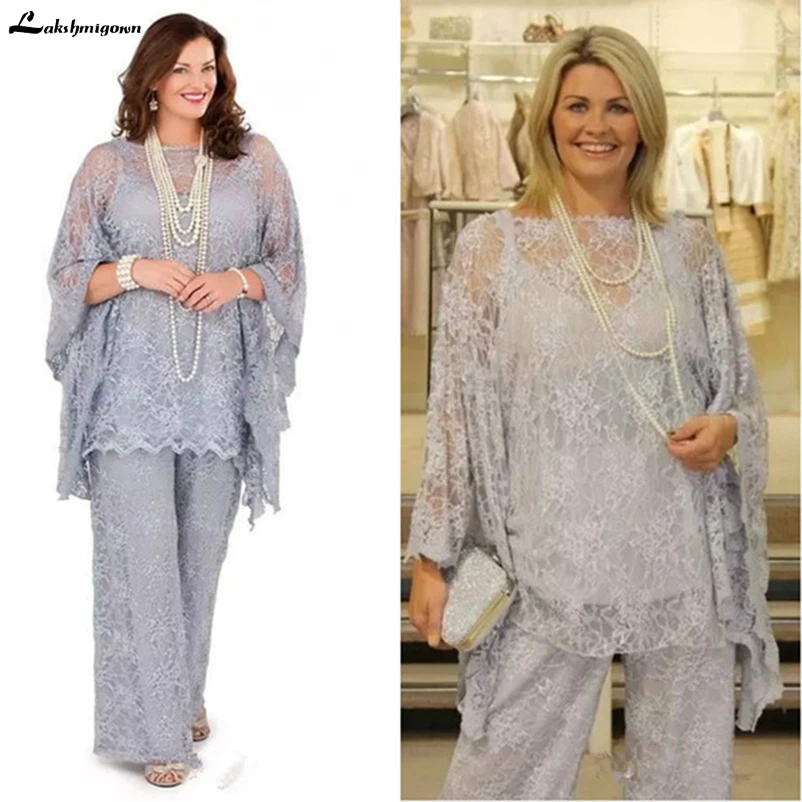 

Lace Mother of the Bride Pant Suits Long Sleeves Three Pieces Silver Gray Wedding Guest Dresses Plus Size Formal madrinha