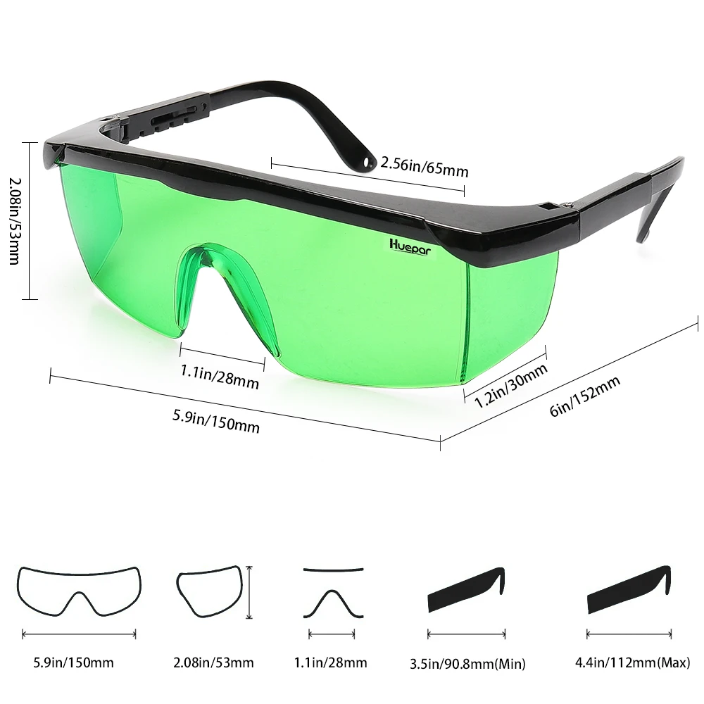 Huepar Safety Laser Enhancement Glasses Green Adjustable Protection Eyewear Goggle Glasses With Hard Case For Line/Rotary Lasers