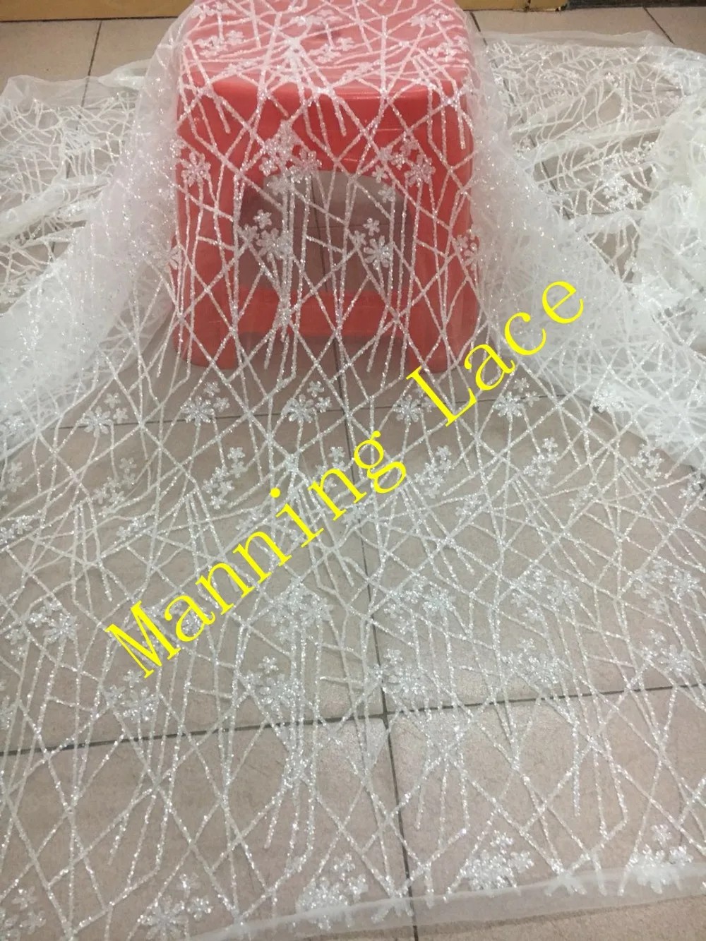 

5yards Clear white color mesh luxury hand print sparkle glued glitter african tulle mesh lace for sawing/party