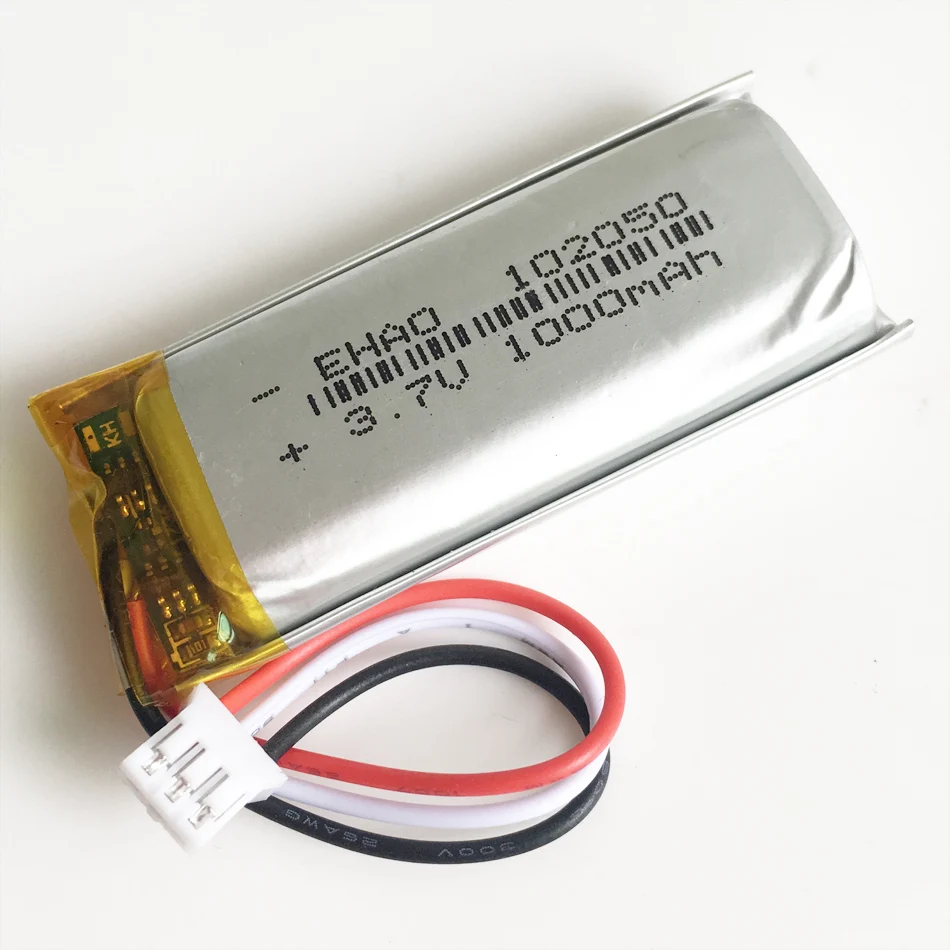 3.7V 1000mAh Lipo Rechargeable battery 102050 with JST 2.0mm 3pin plug connector For Household wired Microphone Audio Computer