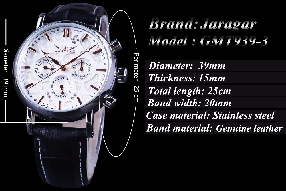 Jaragar 3 Dial Diamond Display Genuine Leather Strap Ripple Design Men Watches Top Brand Luxury Mechanical Automatic Watch Clock