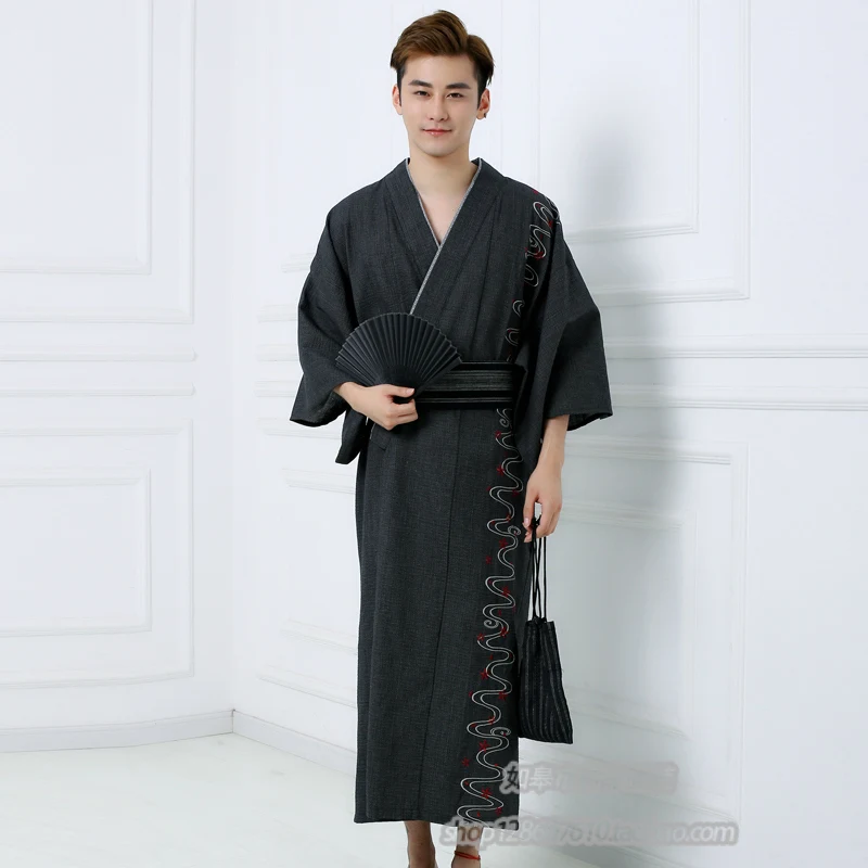 Winter Male Traditional Japanese Kimono with Obi Mens Thicken 100% Cotton Robe Yukata Men\'s Bath Robe Kimono Pajamas A52604