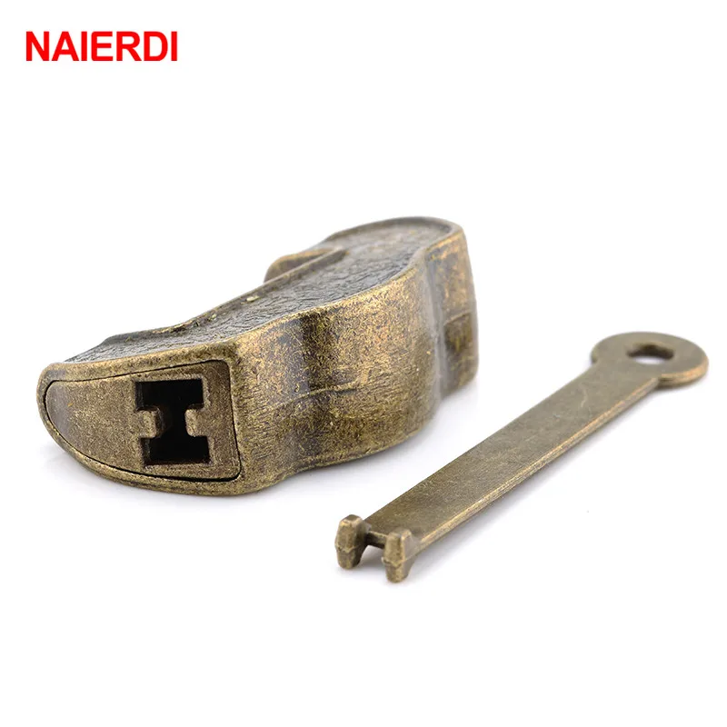 NAIERDI 34*20mm Chinese Vintage Antique style Lock Zinc Alloy Bronze padlock Jewelry Chest Box Padlock Wooden Suitcase Drawer