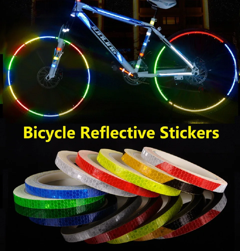 Pegatinas reflectantes para bicicleta y motocicleta, cinta reflectante para llanta de rueda, fluorescente, de seguridad, impermeable, 1cm x 8m, 1 ud.