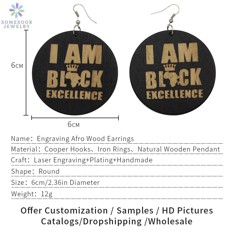 SOMESOOR Engraved Wood African Earrings 2019 I Am Black Excellence Afrocentric Crown Map Photos Jewelry For Women Gift