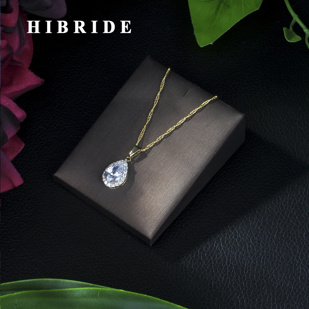 

Hibride Simple Fashion Jewelry Silver Color Tear Drop Shape CZ Cubic Zirconia Pendant Necklace for Women Wedding Jewelry P08