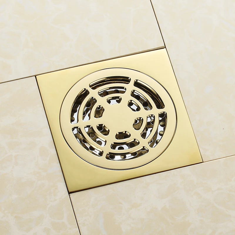 Luxury gold solid brass 100 x 100mm square anti-odor floor drain golden bathroom shower drain shower room drainer cover