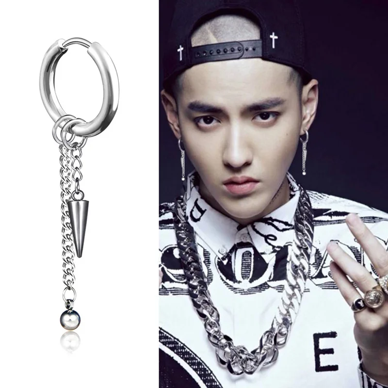 Boys Stainless steel Long chain Tassel Earring Punk Men Women Pierced/No piercing earrings Street pop ear jewelry