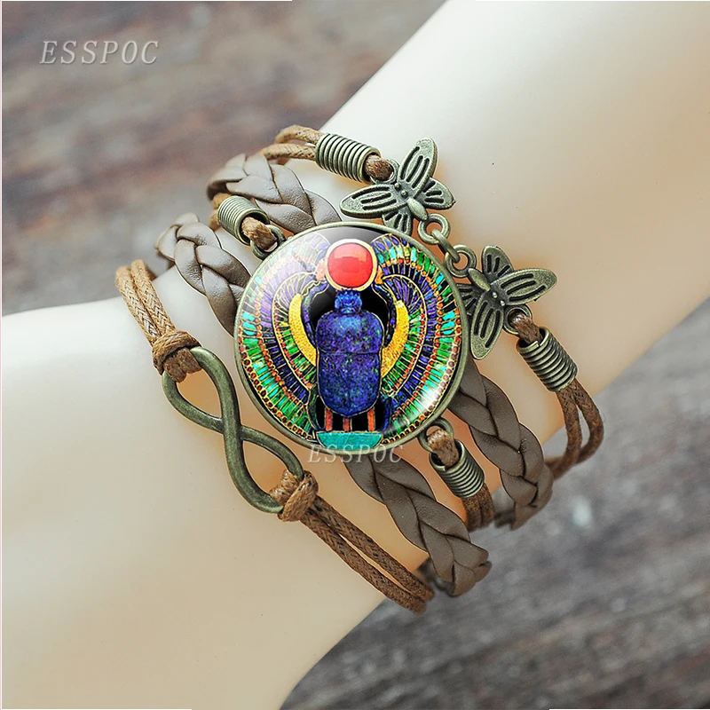 Egyptian Ankh Cross Bracelet Vintage Ancient Egypt Anubis Scarab Goddess Retro Brown Multilayer Leather Bracelet for Men Women