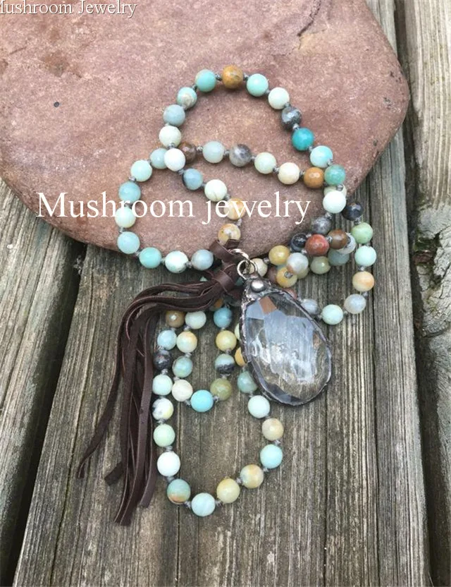 

Bohemian Knot Natural Amazonite Stone Necklace Solder Pendant Long Leather Tassel Necklace Women