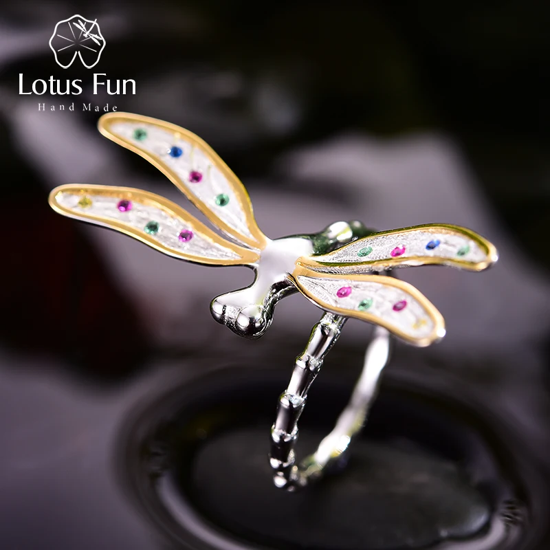 Lotus Fun Real 925 Sterling Silver Handmade Fine Jewelry Multicolor Zirconia Beautiful Dragonfly Design Rings For Women