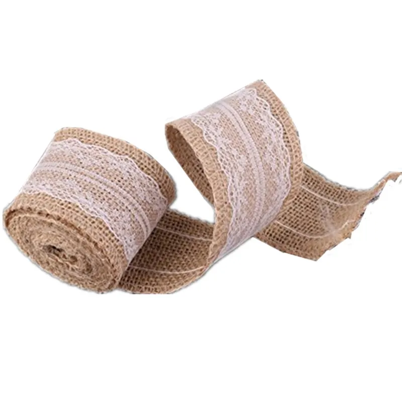 Natural Jute 2m Burlap Hessian Ribbon with Lace Detail,  5cm Widths Party Wedding Decoration Lace Trim  AA8002