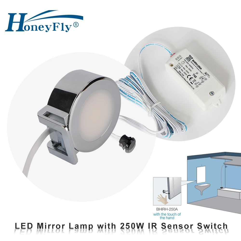 HoneyFly NEW IR Sensor Switch 250W 100-240V with LED Mirror Lamp Clip Mounted 4000K 220V IR Motion Switch+Mirror Light(One Set)