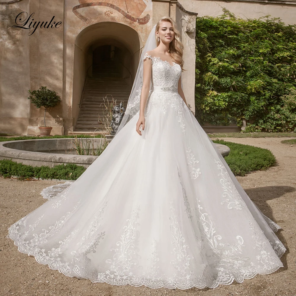 

Sending Veil Gift ! Liyuke New Arrival A-Line Wedding Dress With Short Sleeve Of Floor Length Natural Waistline Wedding Gown