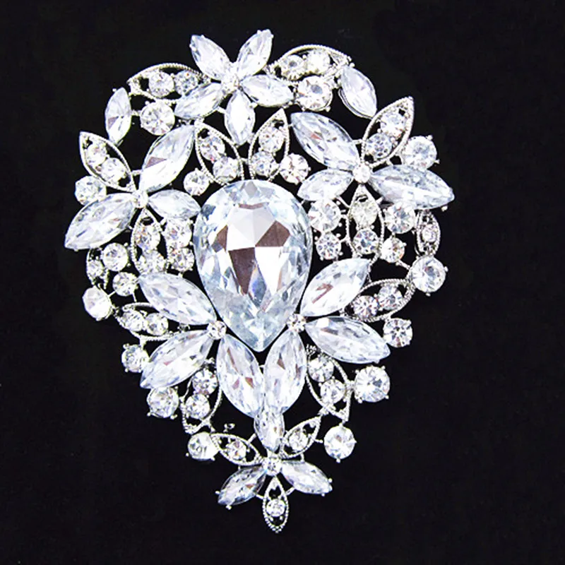 

DHL Free Shipping!!(60pcs/lot)Silver plated Clear crystal Luxury Big Waterdrop Flower Brooches!!