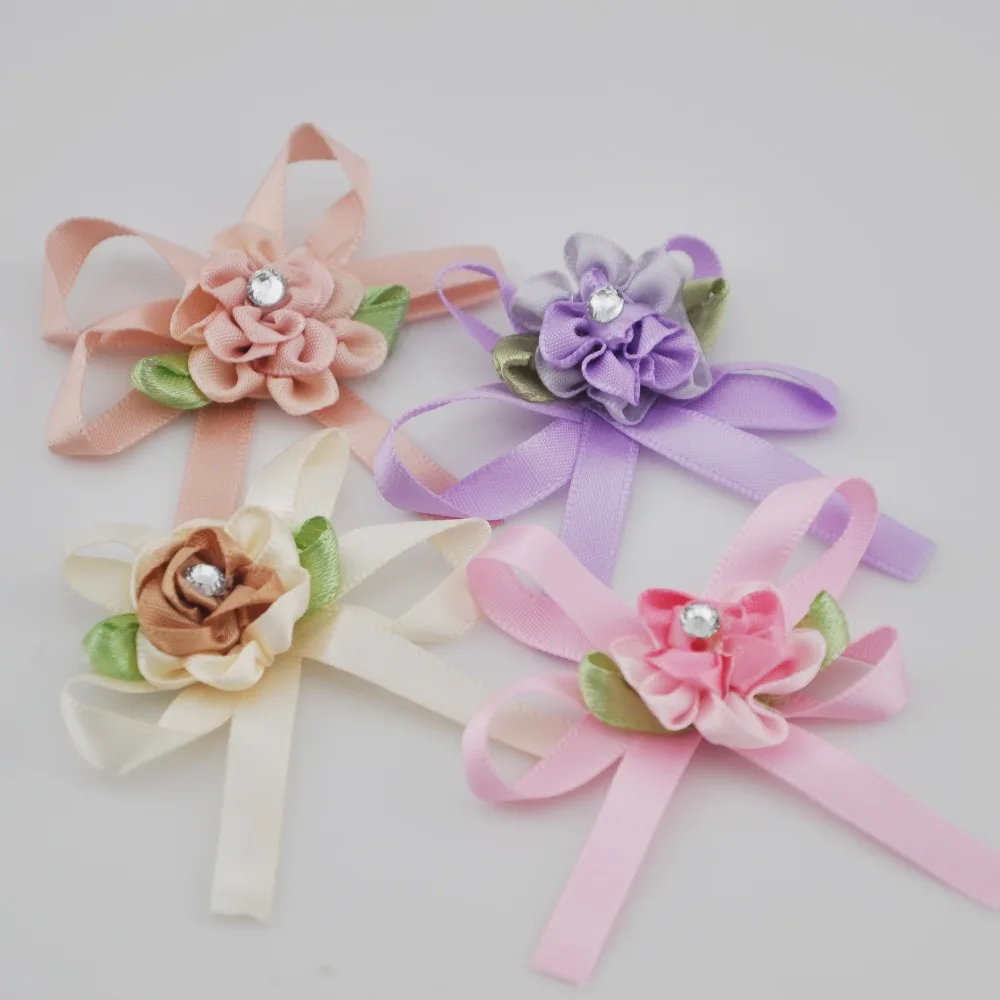 20pcs satin ribbon flowers bow w/leaf stone wedding sewing appliques DIY E122