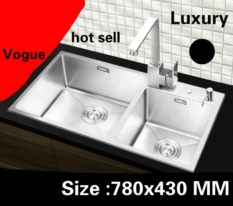 Free shipping Apartment high quality kitchen manual sink double groove 304 stainless steel hot sell 780x430 CM