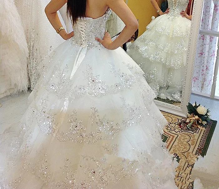 Nuevos vestidos de novia Ensotek 2019 princesa sin tirantes tul mullido encaje cristal diamante cuentas lentejuelas lujo vestidos de boda