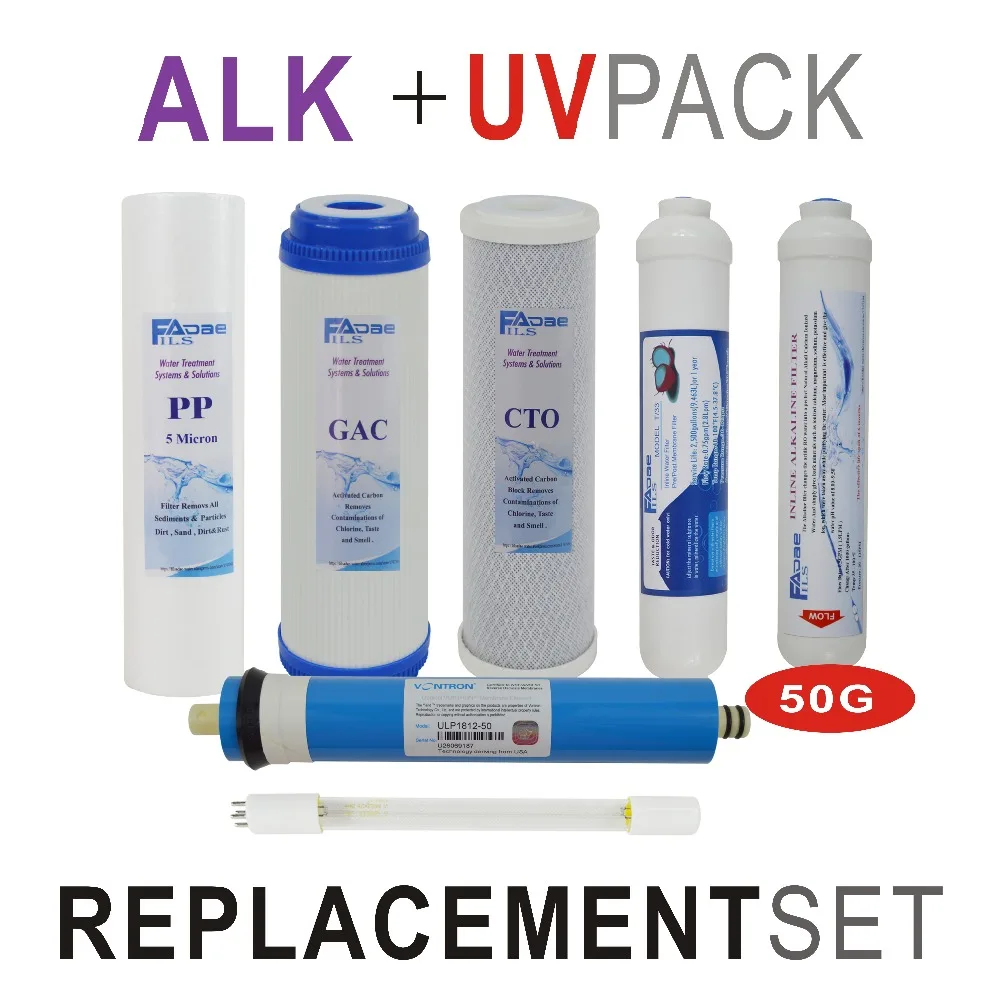 

Alkaline Ultraviolet Reverse Osmosis System Replacement Filter Set - 7 Filters with 6W UV Bulb and 50 GPD RO Membrane Elements