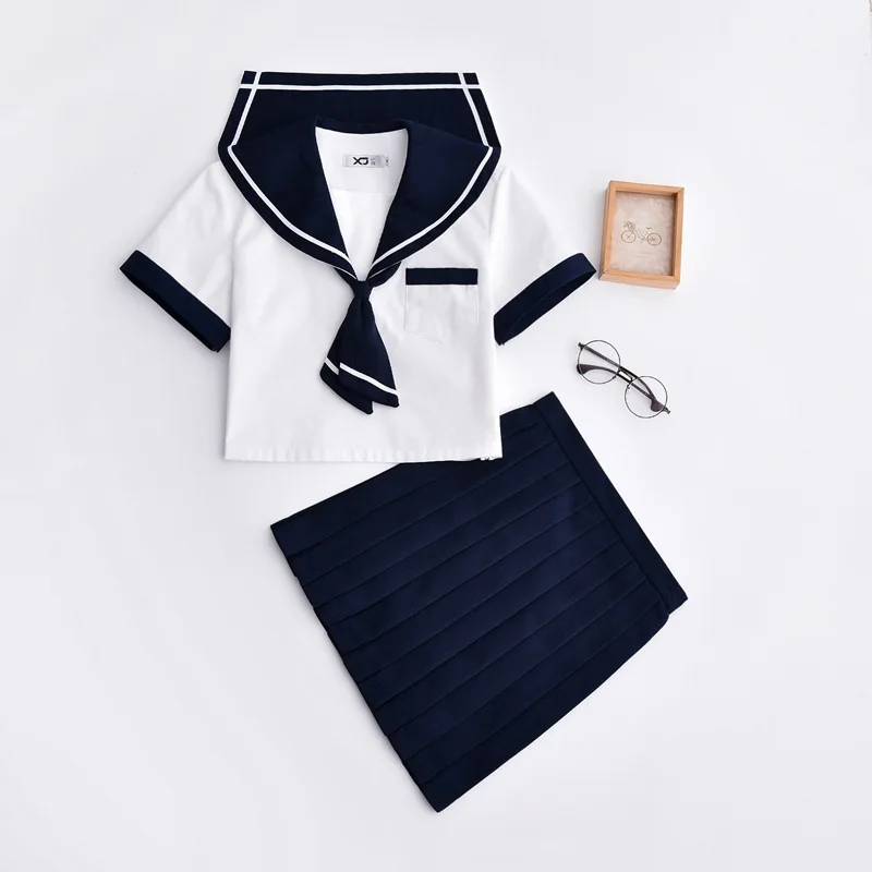 Summer Daily Navy Blue Short Sleeve JK Uniforms Full Set Performance Japanese Girl School Uniform Navy Top + Pleated Skirt +Tie