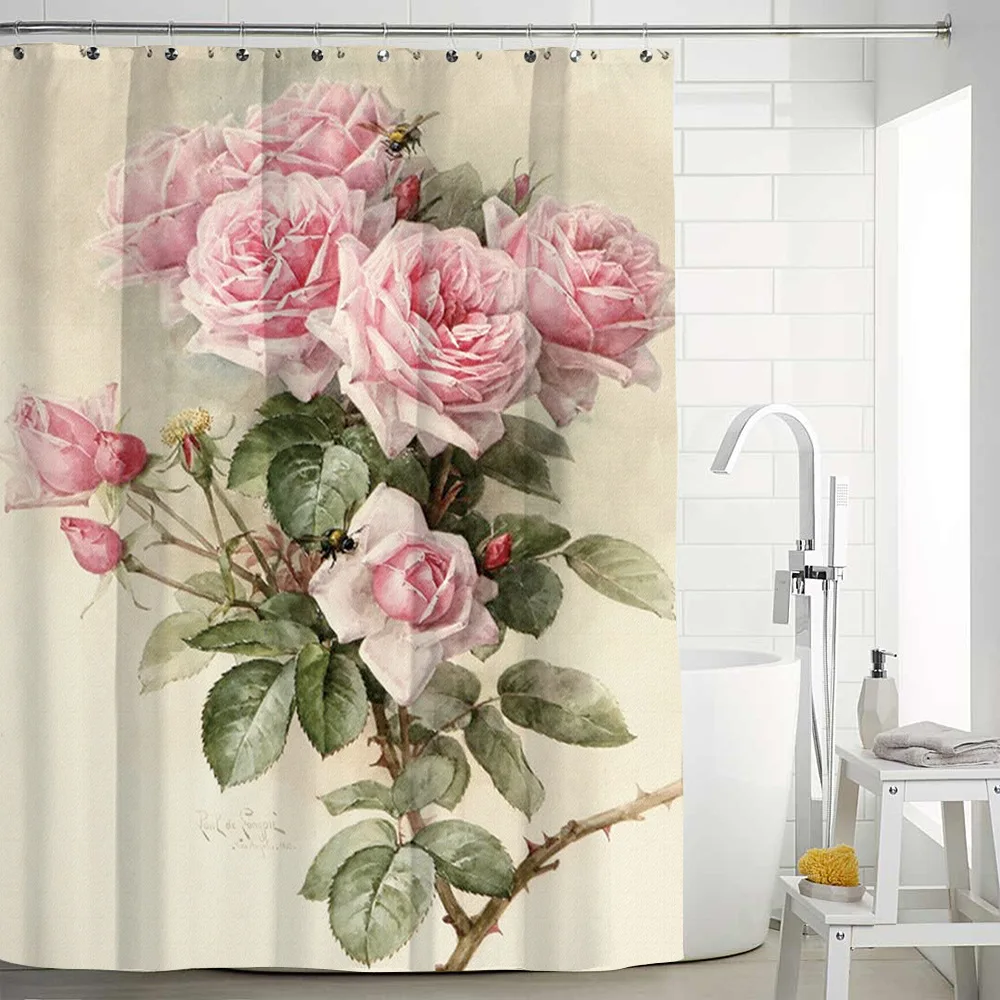 Flower Painting Printed Mildew Proof Polyester Shower Curtains Washable Waterproof Shower Curtains for Bathroom Home Decor