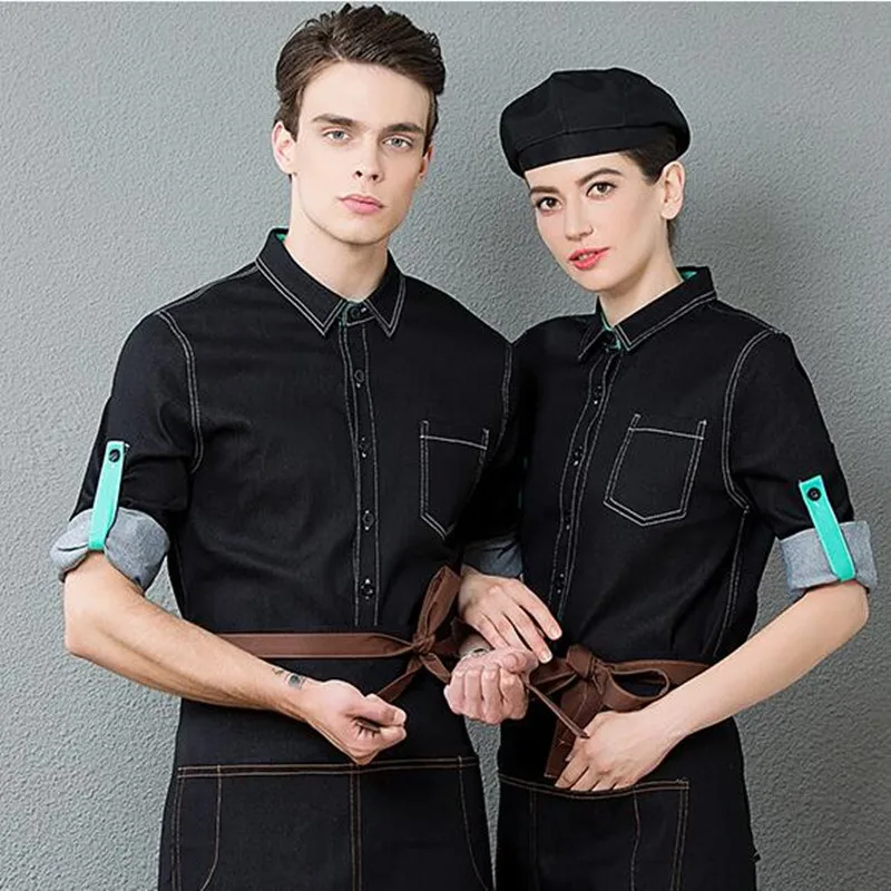 Waitress Workwear Long Sleeve Hotel Restaurant Catering Uniform Jacket Hot Pot Cafe High Quality Men Waiter Single Top H2341