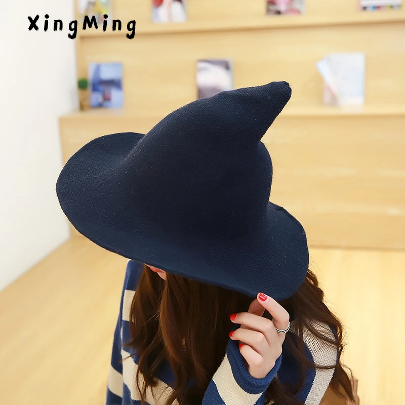 women modern witch hat men Along the sheep wool cap knitting fisherman hat Female fashion witch pointed basin bucket hat