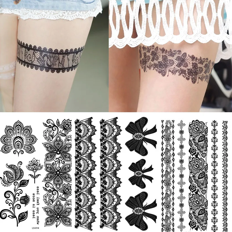 30 styles Women Black lace Tattoo for Neck Arms Sleeve water transfer rose flower leaf  Temporary Tattoo Sticker RA018