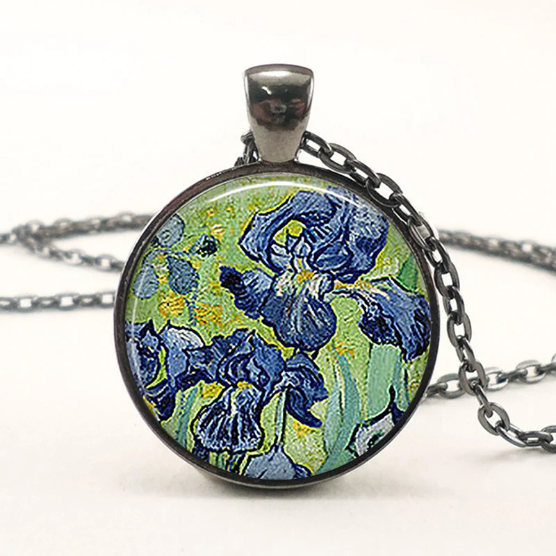 Glass Cabochon Van Gogh Irises Pendant Art Picture Iris Necklace Gardener's Gift Vintage Fashion Women Men Jewelry Accessories